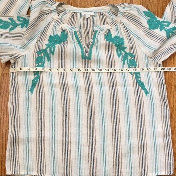 J. Jill 100% linen embroidered floral V-neck Long Sleeve Striped Blouse - Picture 8 of 16